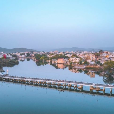 drone photos of old city udaipur