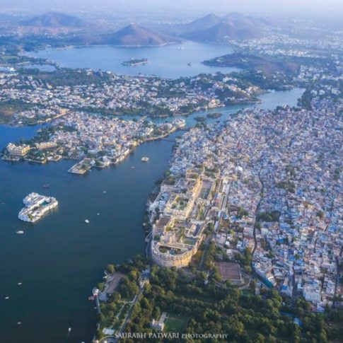 drone photo of lakecity udaipur