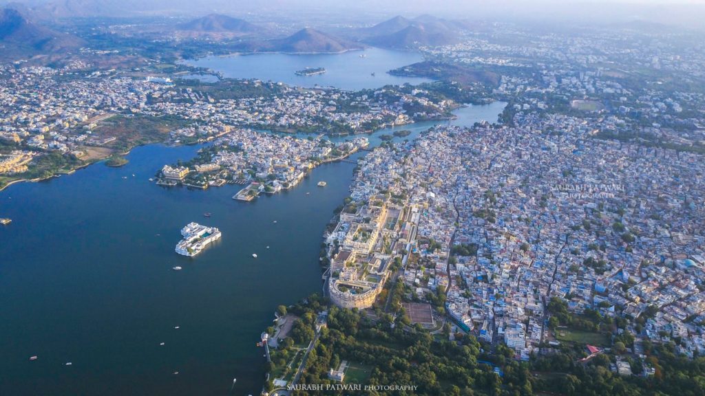 drone photo of lakecity udaipur